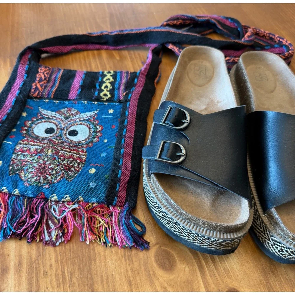 No Boundaries Platform Sandals 8.5 & Boho Owl Woven Crossbody Bag Bundle Set